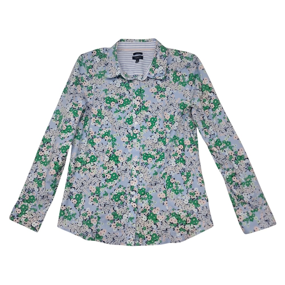 Talbots Button Down Shirt Womens 8 Blue Floral Non-Iron Long Sleeve Preppy